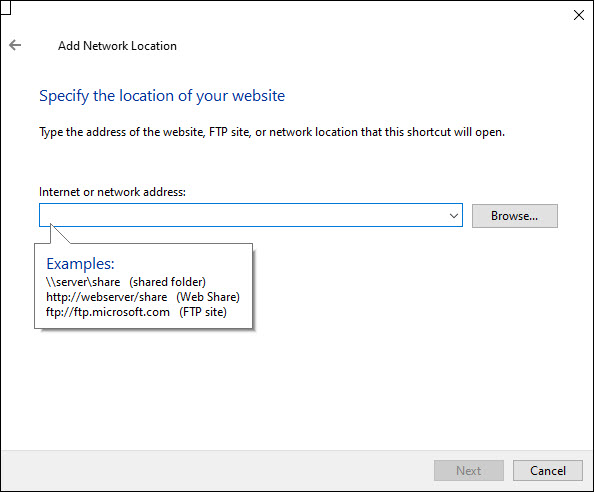 Add Network Location screen where the address of the FTP server is entered in order to upload files to an ftp server