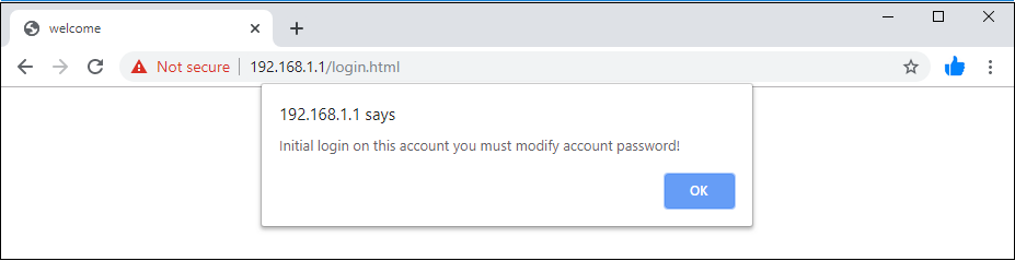 Initial login message with a message to modify the password for adminpldt account after a hardware reset or reset to factory defaults