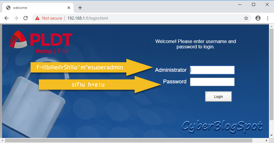 The PLDT router's admin web login prompt showing the username and password for enabling PLDT admin account in order to configure a PLDT router