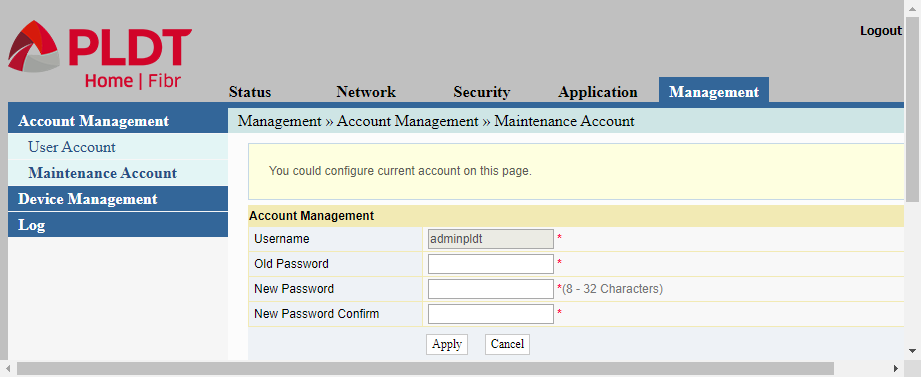 To configure a PLDT router, the adminpldt account name is used.  This is where we change the account's password.
