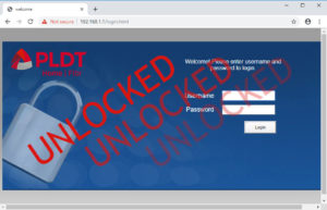 Admin login page annotated with unlocked as feature image for default username and password of pldt routers.