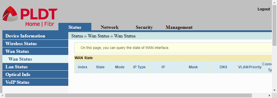 PLDT router admin web interface displaying the status/wan status