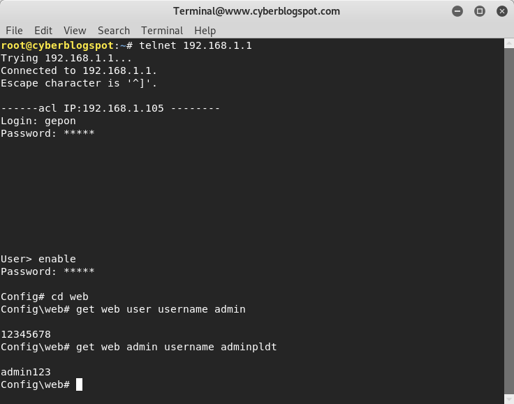 Terminal output showing default password of PLDT router AN5506-04