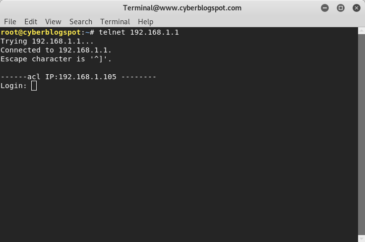 Terminal output showing the Login prompt after running the telnet command.