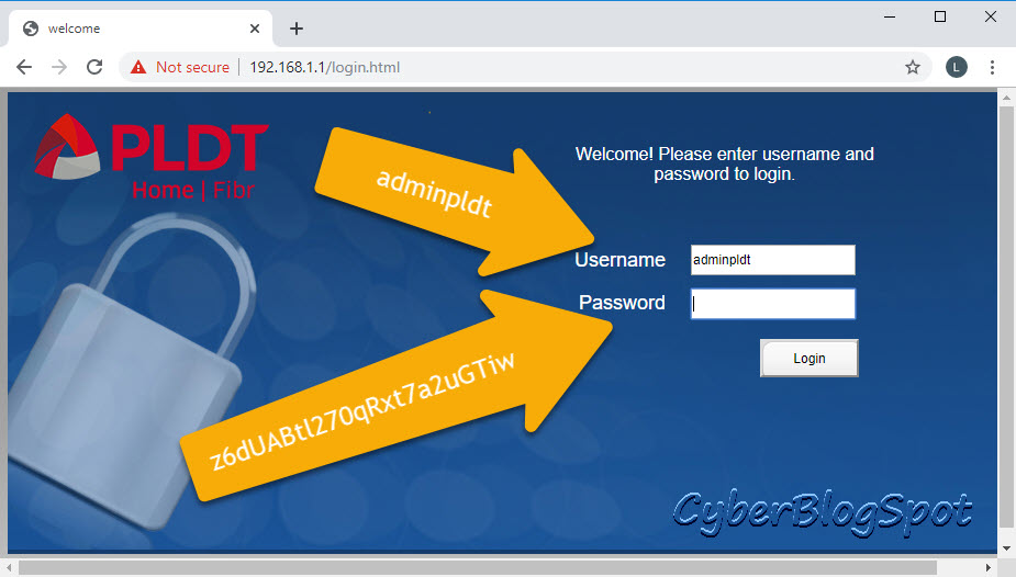 The login page for the router's web admin interface showing the default admin username and password of PLDT routers.
