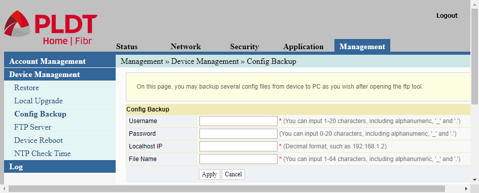 The config backup in device management menu for creating a backup after doing a configuration of PLDT router.