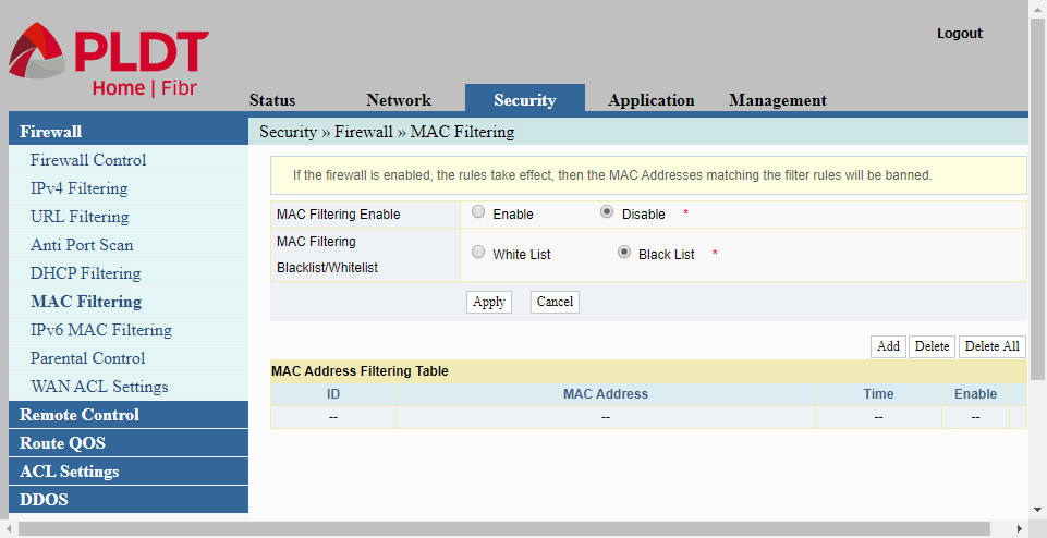 Firewall software mac address filtering turn off