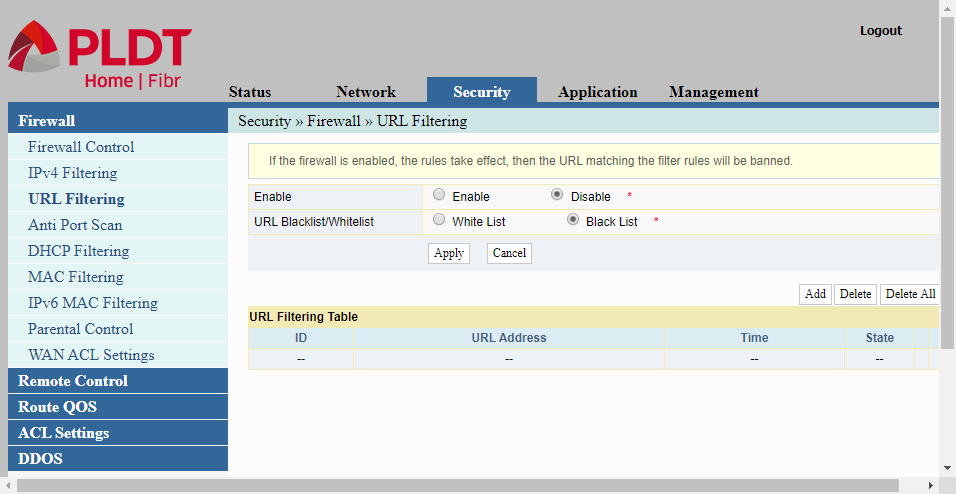 Firewall URL Filtering is one of the options to configure a PLDT router.  Network traffic matching the URLs in the list are either allowed or blocked.