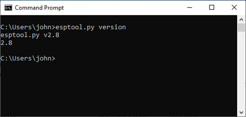 A screenshot of the command prompt for testing if the Esptool was indeed successfully installed on Windows 10 