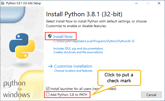 Image of the Python 3.8.1 installer showing annotation for the Add Python 3.8 to PATH
