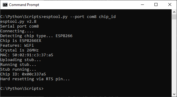 Command Prompt output showing the results of running a chip id check on nodemcu v3 using esptool