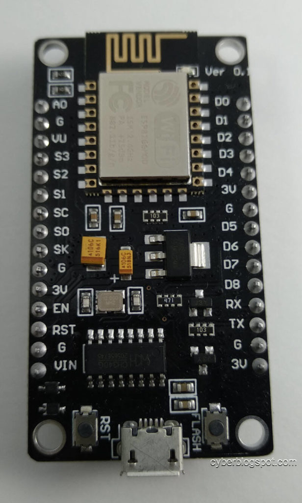 image of nodemcu v3 development board showing the top view with pinout labels