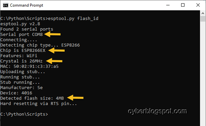 Screenshot of the esptool command flash_id needed to gather information for saving and restoring esp8266 and esp32 development boards
