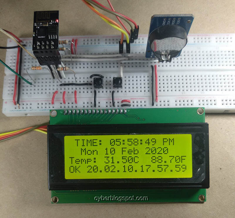 picture of the project ESP-01 with RTC and LCD display showing status OK on the fourth line of the LCD display