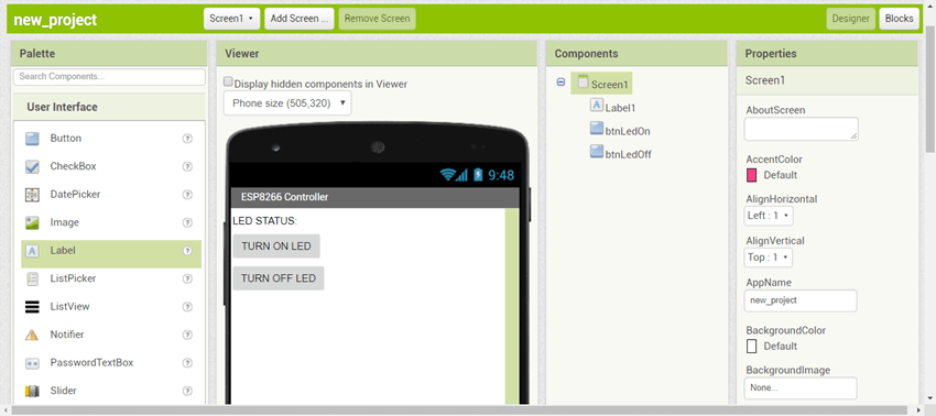 Screenshot showing the completed designer view of the smartphone app for controlling the ESP-01 ESP8266 module without using a router or without an interne connection