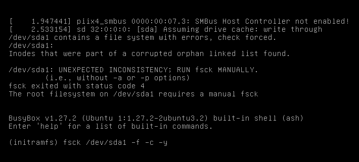 The VMware boot console showing the fsck command typed on the system prompt for execution