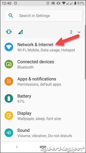 Screenshot of Android phone showing menu under Settings including Network & Internet used for getting the router IP address
