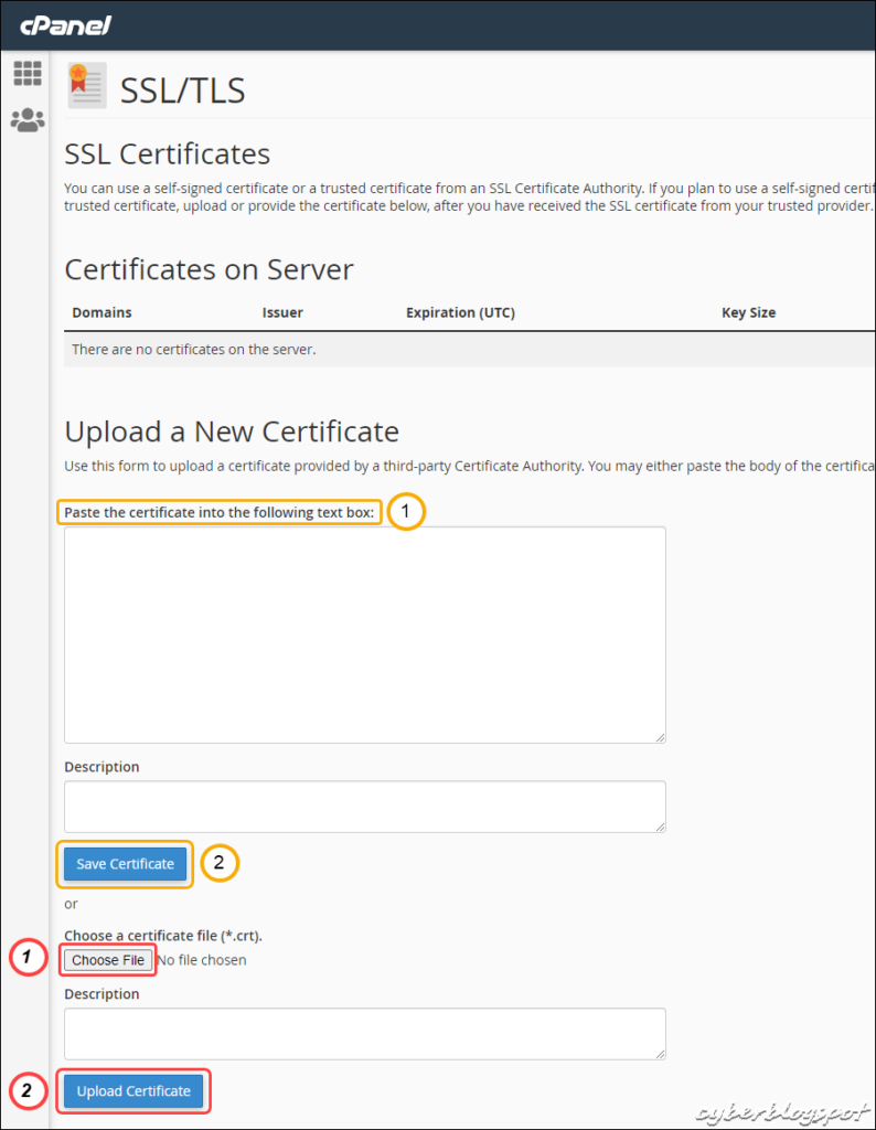 Screenshot of the SSL Certicates upload window with two different steps 