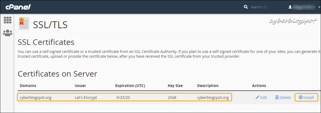 Screenshot of the Certificates on Server of the cPanel's SSL Manager