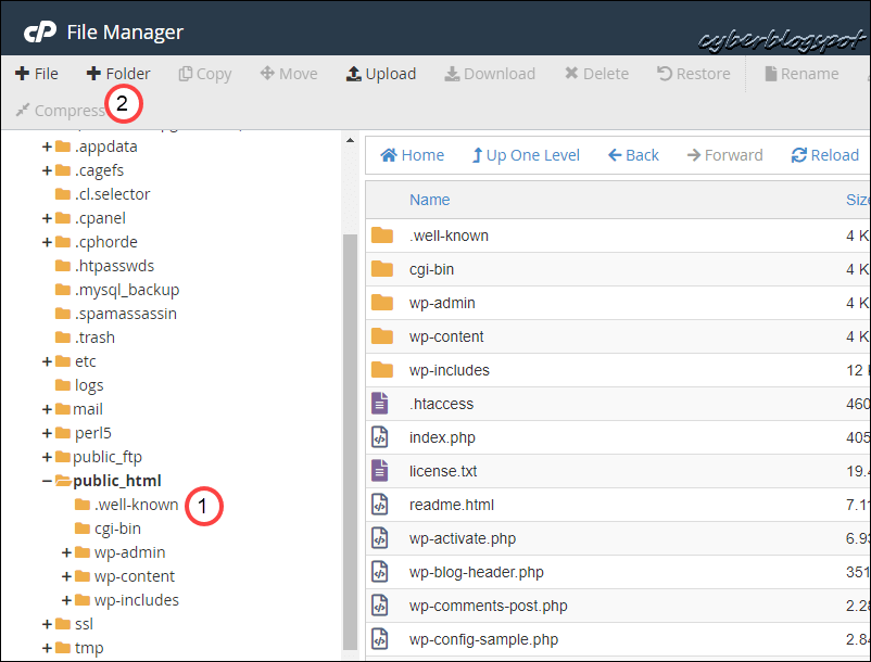 Another screenshot of the File Manager with annotated steps in creating the folder name acme-challenge, a prerequisite to obtaining a free SSL certificate for a GoDaddy hosted website