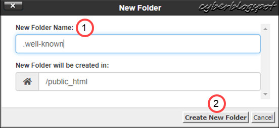 Screenshot picture of the cPanel File Manager's New Folder window depicting how to create the .well-known folder for the acme challenge