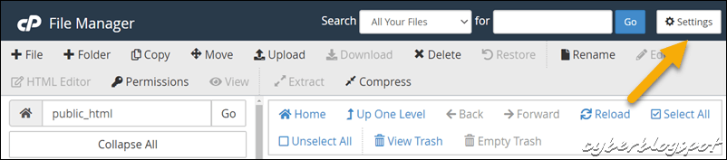 Screenshot of cPanel File Manager showing how to open the Settings to enable the Show Hidden Files feature