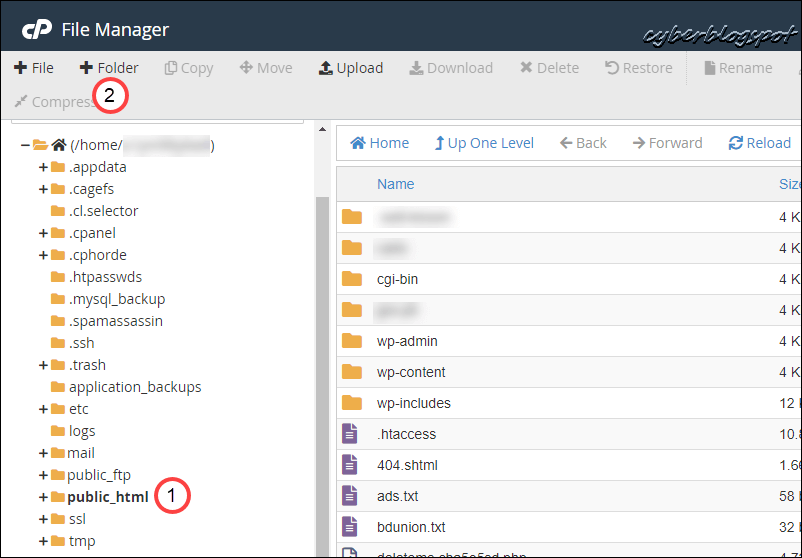 Screenshot of cPanel File Manager showing the root directory or root folder of the example website for obtaining a free SSL certificate
