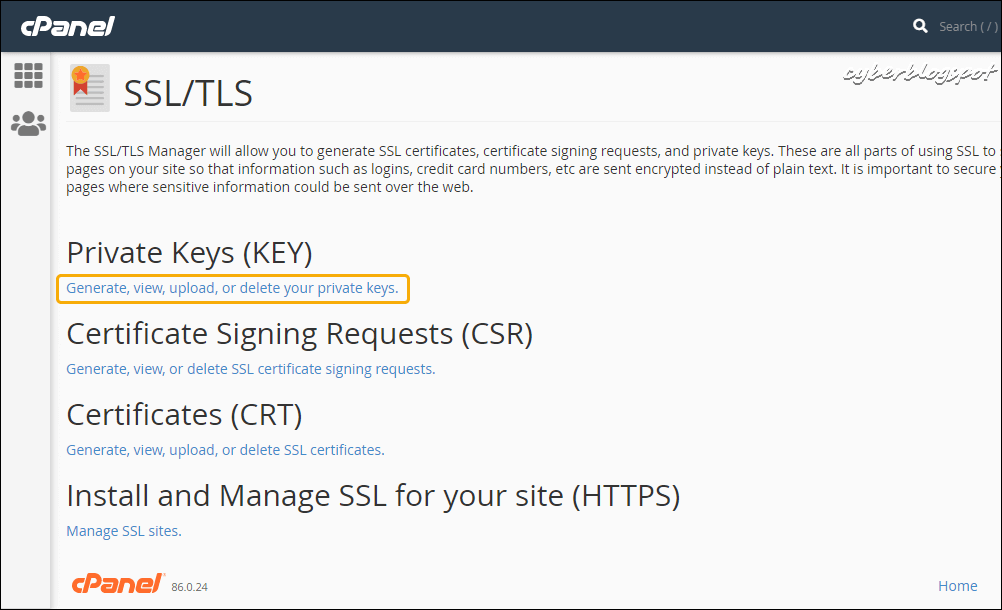 The annotated screenshot of the SSL/TLS Manager of the GoDaddy's cPanel showing the different links for completing the installation of SSL certificate in GoDaddy