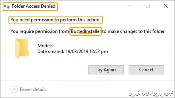 Screenshot of Folder Access Denied message preventing the deletion of files owned by system and trustedinstaller