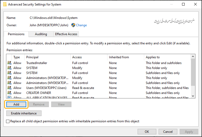 The Advanced Security Settings showing how to change the permissions to be able to delete files owned by system, trustedinstaller, and other users