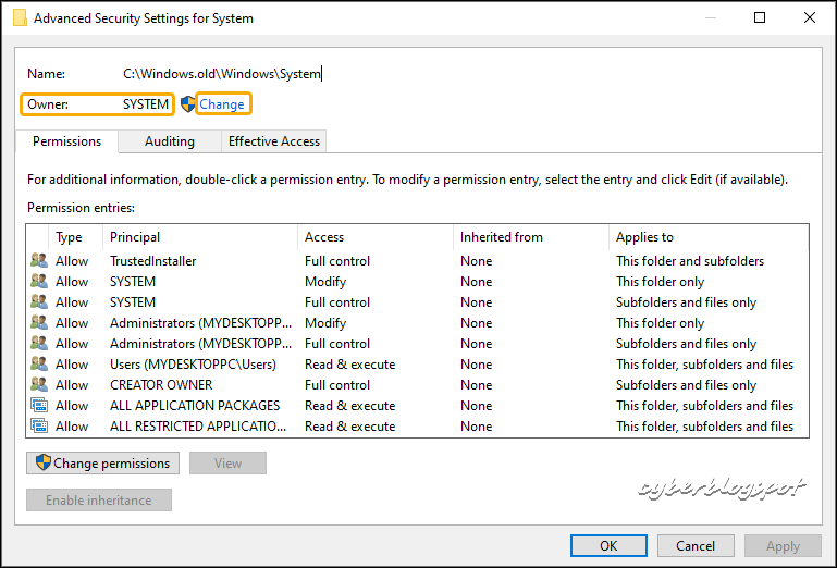 Image of the Advanced Security Settings of Windows 10 file manager for changing settings to delete files created and owned by system and trustedinstaller