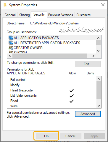 The Windows 10 File Manager Properties window with the OK button annotated
