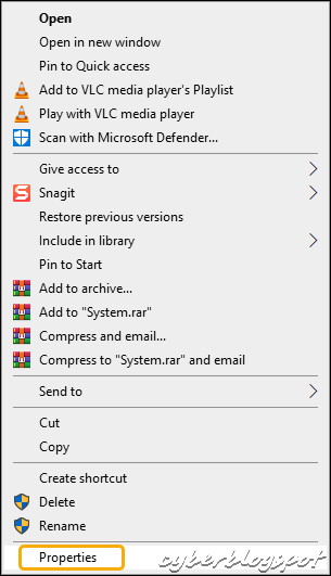 Screenshot image of Windows 10 file and folder context menu showing the option Properties for changing settings to delete files owned by system and trustedinstaller