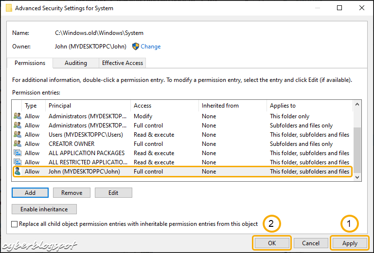 Screenshot of the Advanced Security Settings showing the completed permission entry for deleting files created and owned by system, trustedinstaller, and others
