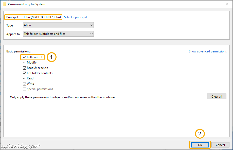 The Permission Entry window showing how to change the basic permissions to full control to give the user the ability to delete owned by system, trustedinstaller, and other users