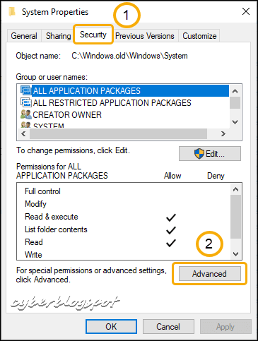 The Properties window annotated to show how to open the Advanced Security Settings to be able to delete files belonging to system, trustedinstaller and others