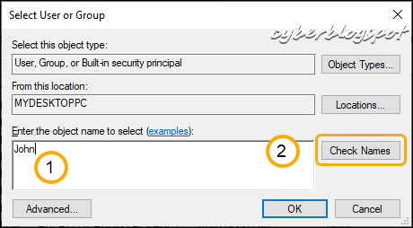 The Select User or Group window for entering the username in changing the ownership of files to facilitate deletion of files left behind by system, trustedinstaller. and other users