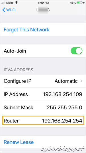 The final screenshot for iPhone showing the router IP address under its network properties