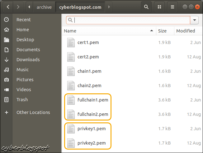 Another screenshot of a Linux file directory showing the actual SSL certificate files about to be installed in GoDaddy server