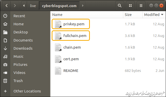 Screenshot of a Linux file directory showing the SSL certificate files to be Installed in GoDaddy