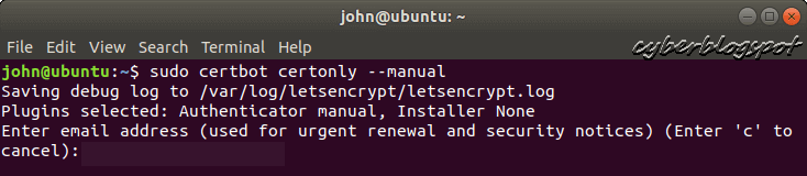 Another screenshot of a Linux terminal windows illustrating how to start Certbot to get a free SSL certificate for a GoDaddy hosted website
