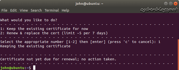 Picture of Linux terminal running Certbot showing the results when a Let's Encrypt SSL certificate is not yet due for renewal