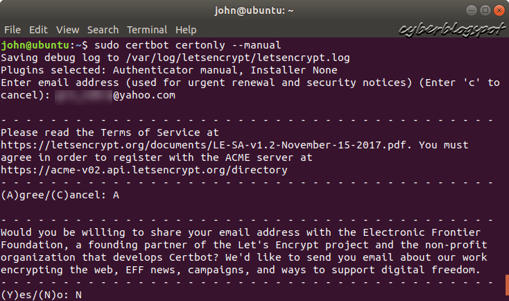 Screenshot of Certbot asking permission to share the user-provided email address with the Electronic Frontier Foundation before proceeding with the acquisition of a free SSL certificate
