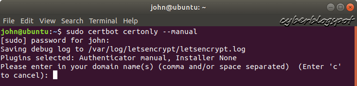 Screenshot of Linux terminal running certbot to renew Let's Encrypt SSL certificate