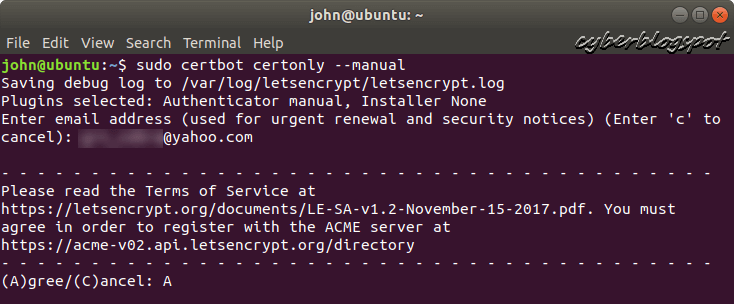 A picture of Linux terminal with Certbot running asking to agree with Terms of Service for acquiring a free SSL certificate