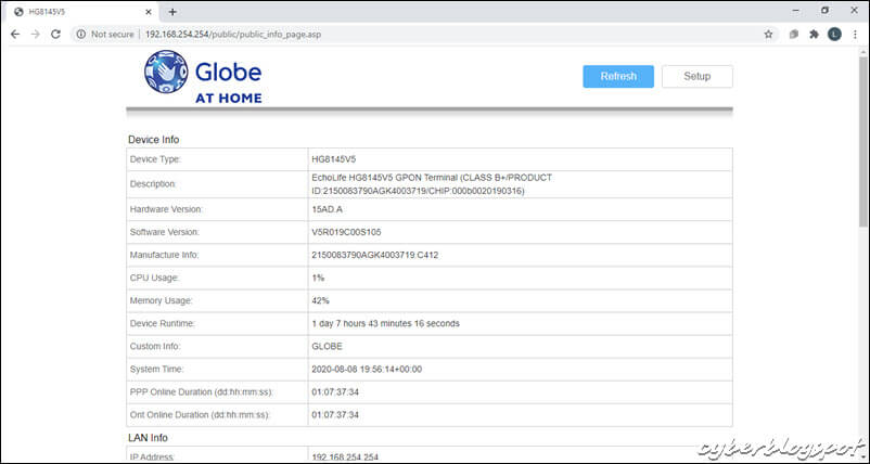 Image of the landing page of Globe router web interface