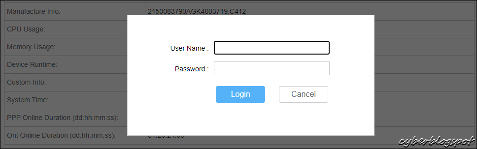 Image of the login page of Globe router for entering the username and password before making configuration changes including saving the router's configuration file
