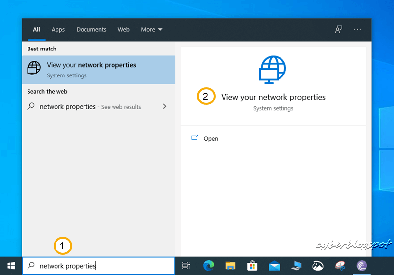 Screenshot of Windows 10 desktop showing how to search and view the network properties to find the router IP address