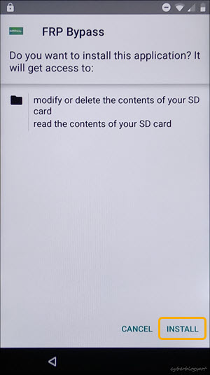 A warning message that the application to be installed will get access to the phone's SD card