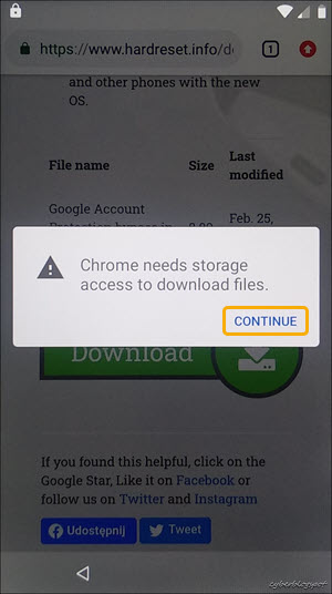 A message indicating that a permission to access the storage device is needed in order to download the FRP bypass app to used for unlocking BLU verification lock